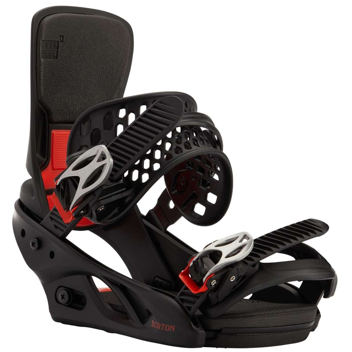 Burton Women's Lexa X Snowboard Binding 2024 - A black and red snowboard binding with a distinctive silver buckle on the strap.
