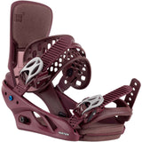Burton Women's Lexa X Snowboard Binding 2024 - A maroon snowboard binding with a white buckle and a brown strap.