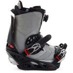 Burton Women's Lexa X Snowboard Binding 2024 - A pair of women's snowboard bindings with a sleek black and silver design, featuring a prominent "BURTON" logo on the strap.