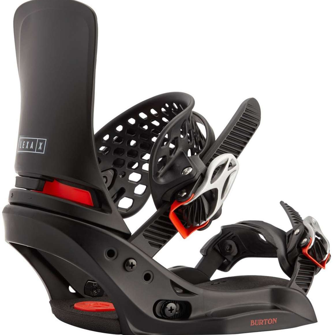 Burton Women's Lexa X EST Snowboard Bindings - Black bindings with white and red accents on a plain white background.
