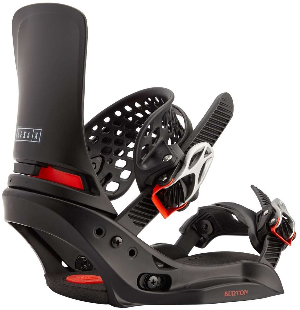 Burton Women's Lexa X EST Snowboard Bindings - Black bindings with white and red accents on a plain white background.