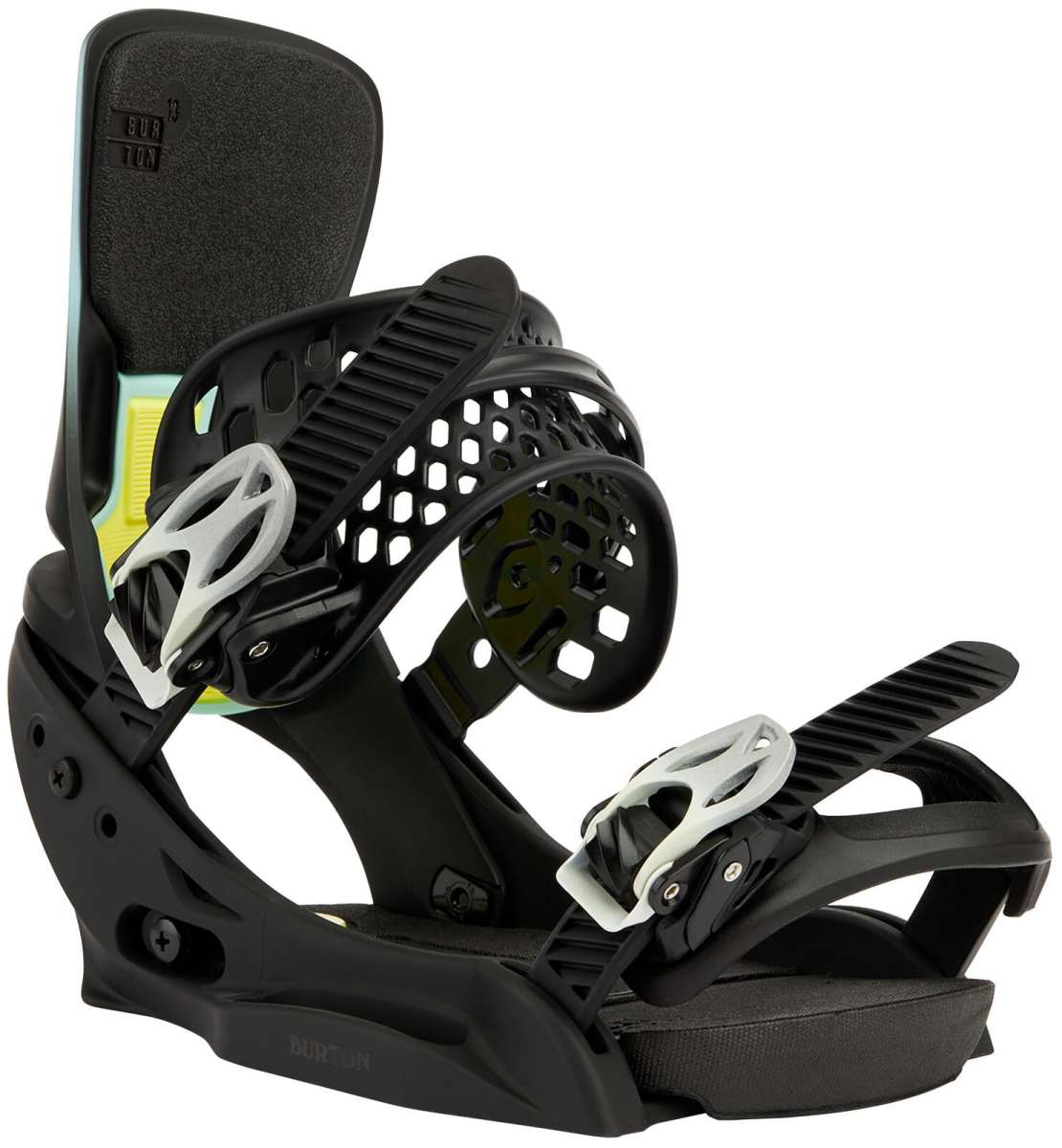 Burton Women's Lexa X EST Snowboard Bindings 2022 - A black snowboard binding with a yellow logo on the strap and a white buckle.