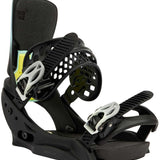 Burton Women's Lexa X EST Snowboard Bindings 2022 - A black snowboard binding with a yellow logo on the strap and a white buckle.