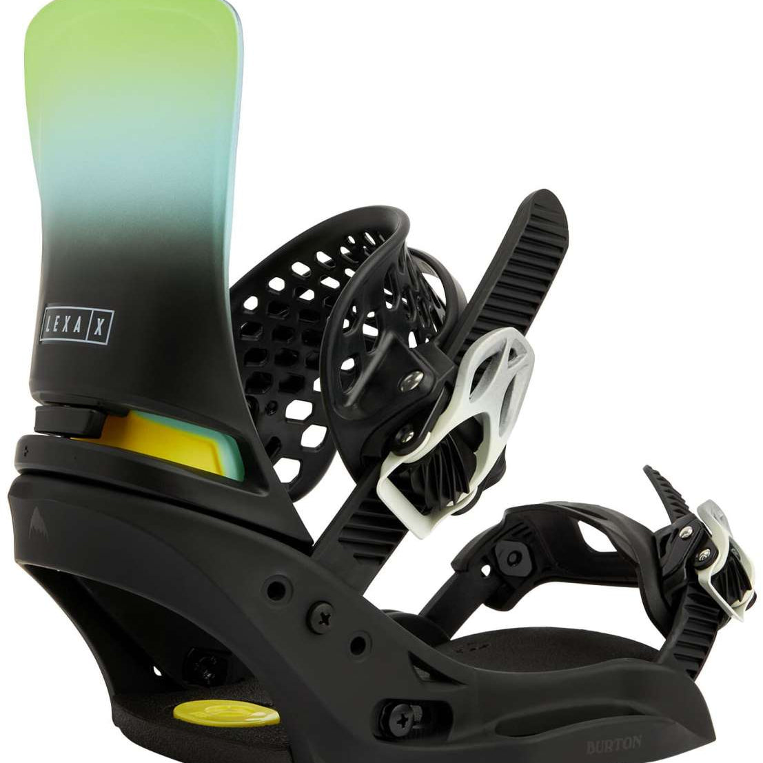 Burton Women's Lexa X EST Snowboard Bindings 2022 - A black and green ombre snowboard binding with a white logo on the strap.