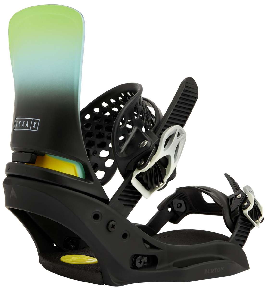 Burton Women's Lexa X EST Snowboard Bindings 2022 - A black and green ombre snowboard binding with a white logo on the strap.