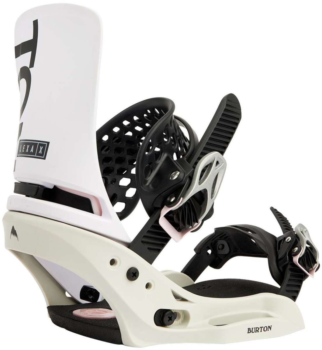 Burton Women's Lexa X EST Snowboard Bindings 2022 - A white snowboard binding with black straps and buckles, featuring a distinctive "X" logo on the strap.