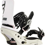 Burton Women's Lexa X EST Snowboard Bindings 2022 - A white snowboard binding with black straps and buckles, featuring a distinctive "X" logo on the strap.