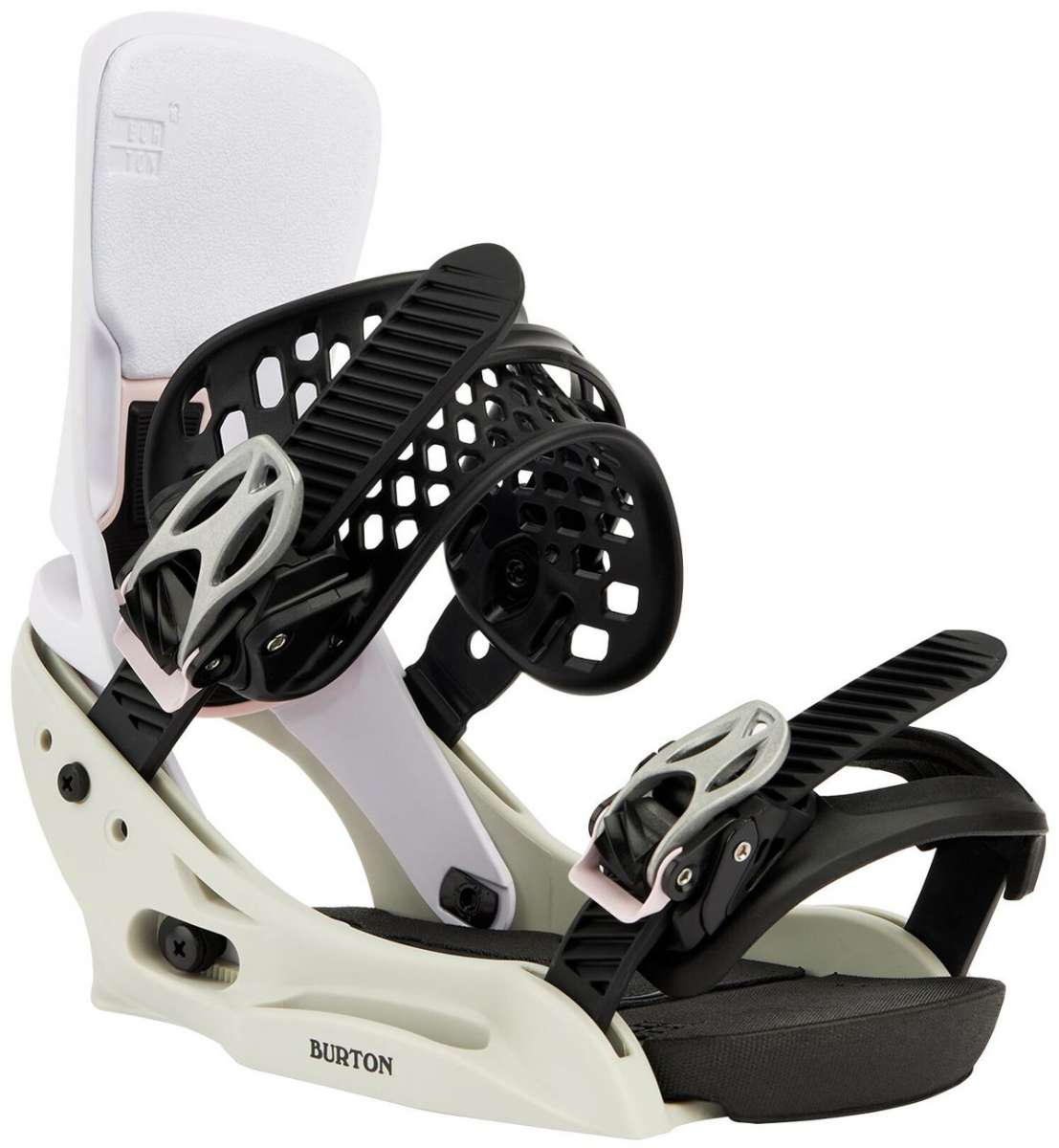 Burton Women's Lexa X EST Snowboard Bindings - Black bindings with silver buckles and straps on a white background.