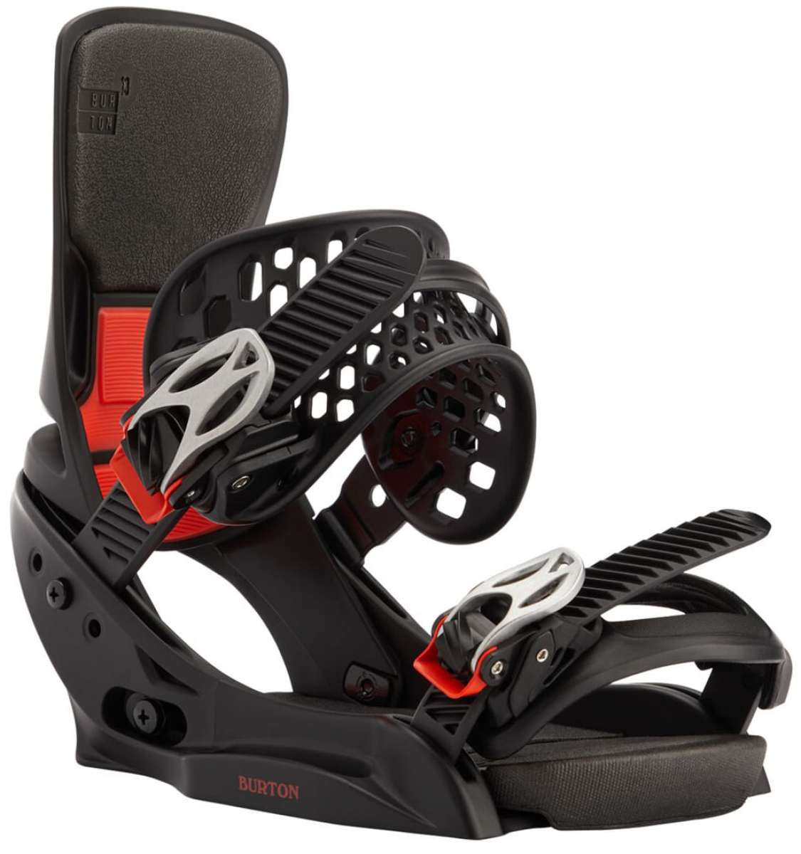Burton Women's Lexa X EST Snowboard Bindings 2022 - Black bindings with silver buckles and red straps.