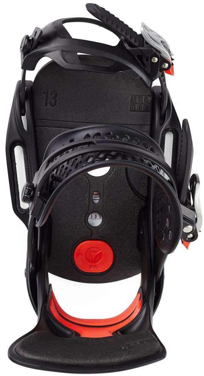 Burton Women's Lexa X EST Snowboard Bindings 2022 - Black bindings with silver buckles and red accents on the straps.