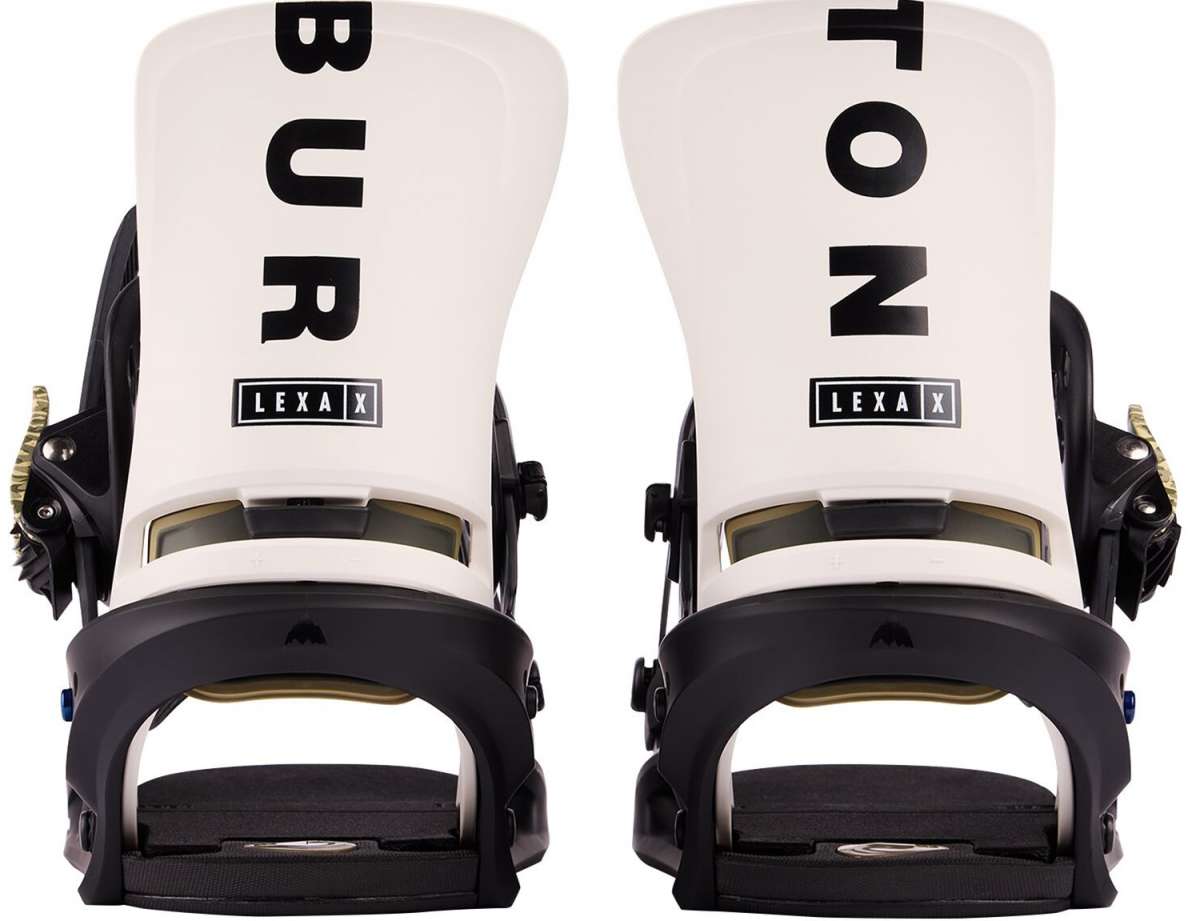 Burton Women's Lexa X Snowboard Binding 2023 - A white snowboard binding with black lettering and a rectangular logo on top, featuring the word "LEXA" in bold letters.