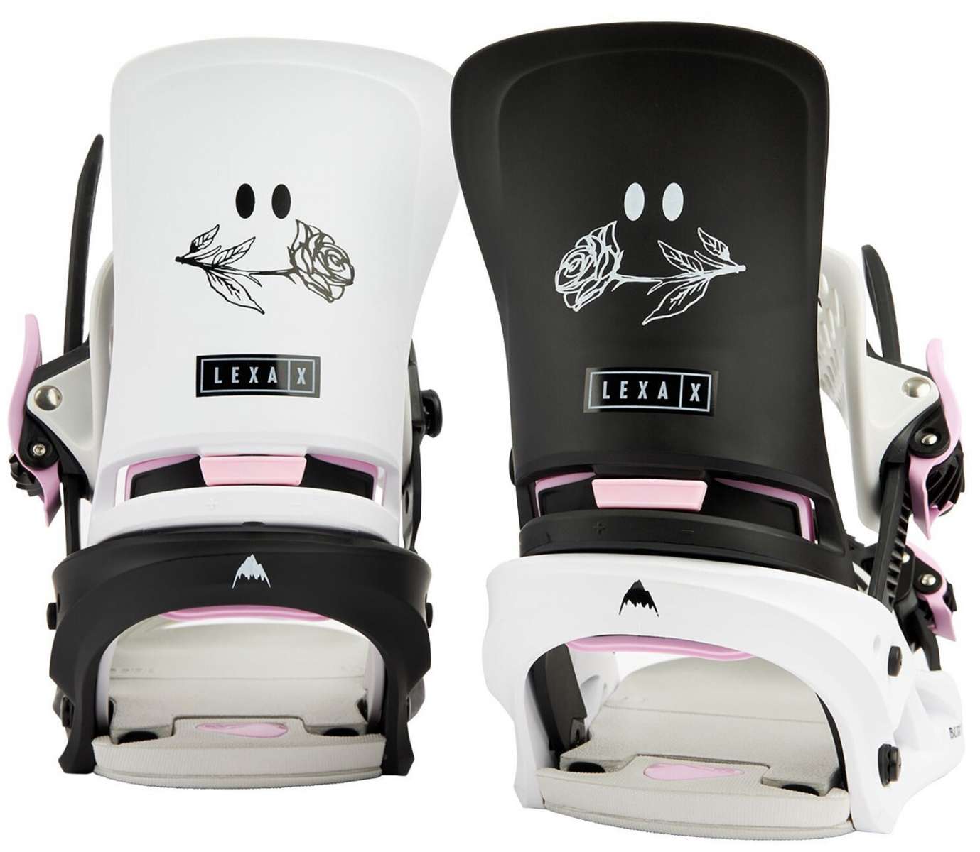 Burton Women's Lexa X Snowboard Bindings 2022 - A pair of black and white snowboard bindings with a rose graphic on top.
