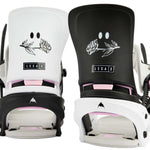 Burton Women's Lexa X Snowboard Bindings 2022 - A pair of black and white snowboard bindings with a rose graphic on top.
