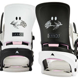 Burton Women's Lexa X Snowboard Bindings 2022 - A pair of black and white snowboard bindings with a rose graphic on top.