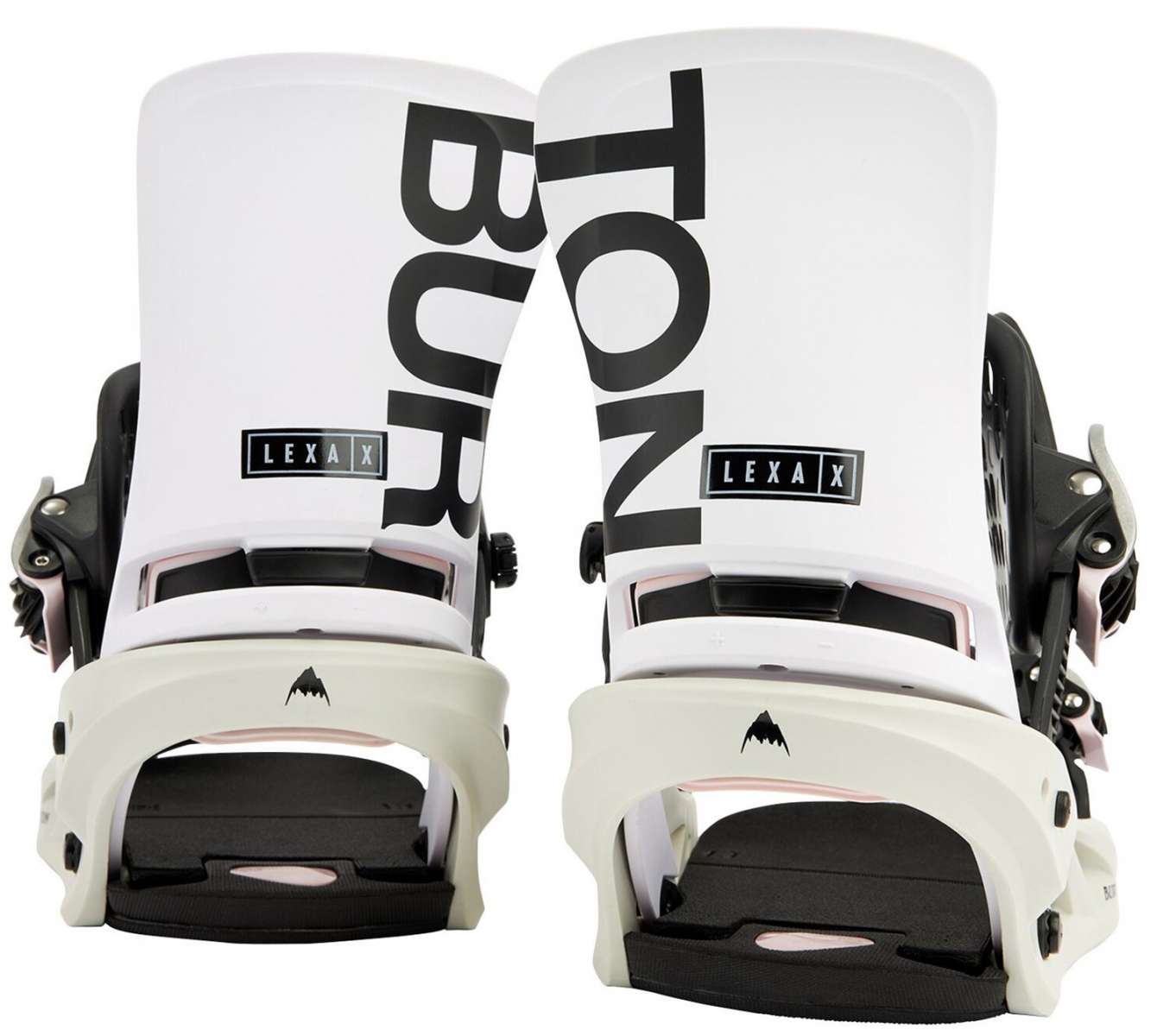 Burton Women's Lexa X Snowboard Bindings 2022 - A pair of white snowboard bindings with black straps and buckles, featuring a distinctive "BURTON" logo on the top strap in large black letters.