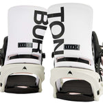 Burton Women's Lexa X Snowboard Bindings 2022 - A pair of white snowboard bindings with black straps and buckles, featuring a distinctive "BURTON" logo on the top strap in large black letters.