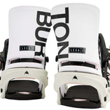 Burton Women's Lexa X Snowboard Bindings 2022 - A pair of white snowboard bindings with black straps and buckles, featuring a distinctive "BURTON" logo on the top strap in large black letters.