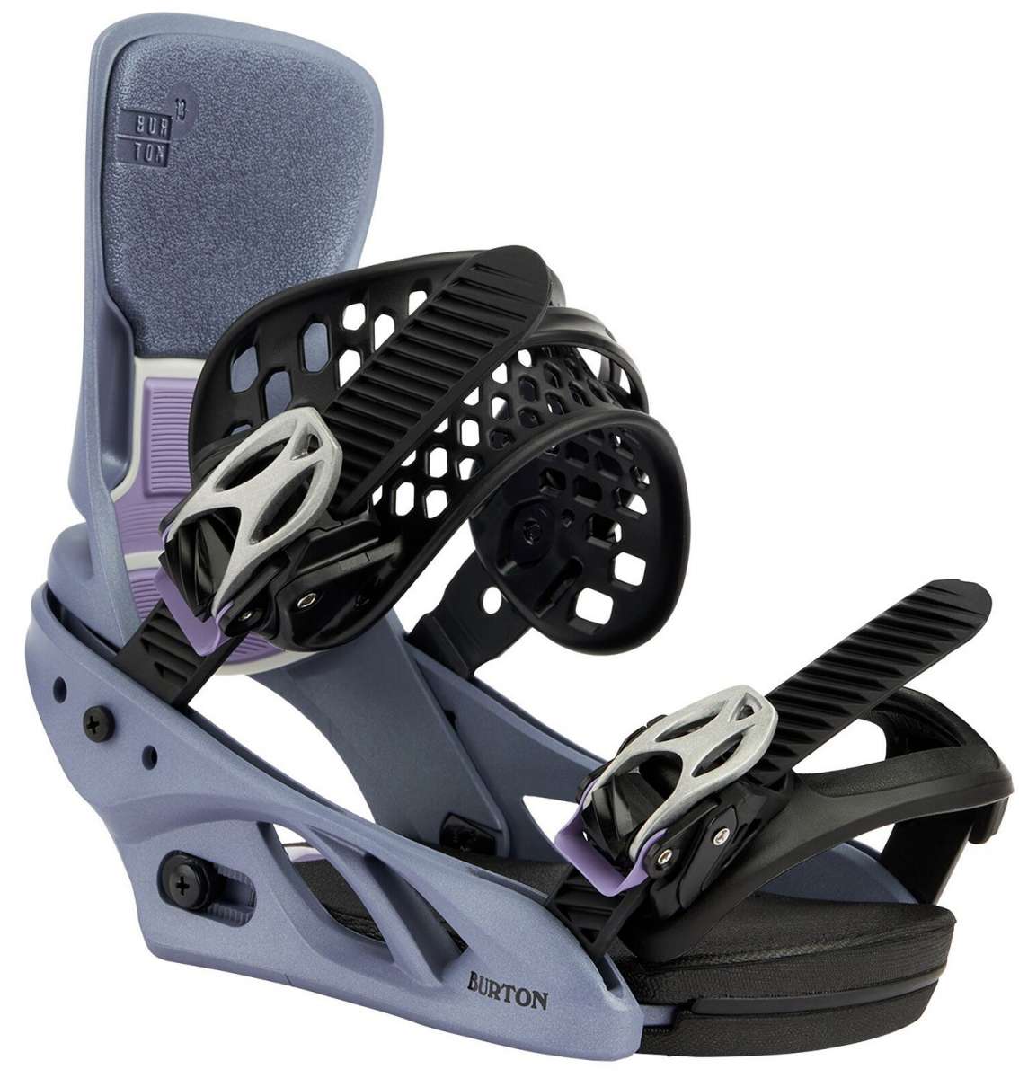 Burton Women's Lexa X Snowboard Bindings 2022 - A pair of women's snowboard bindings with purple straps and buckles, set against a white background.