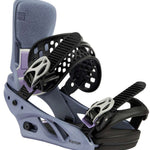 Burton Women's Lexa X Snowboard Bindings 2022 - A pair of women's snowboard bindings with purple straps and buckles, set against a white background.