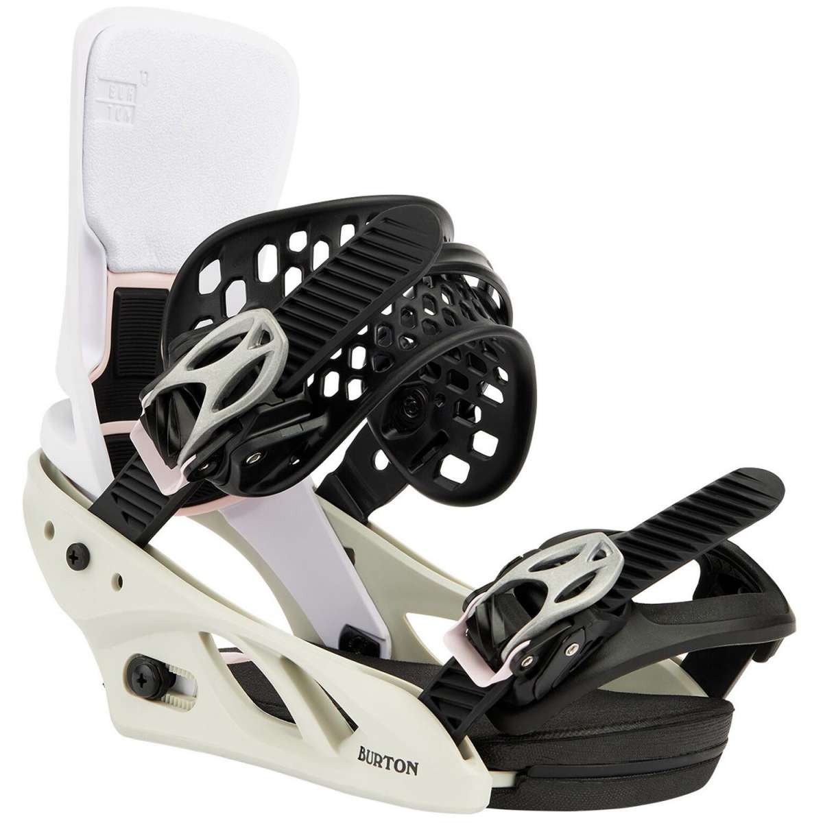 Burton Women's Lexa X Snowboard Bindings 2022 - A pair of black bindings with silver buckles and straps, featuring a sleek design on a white background.