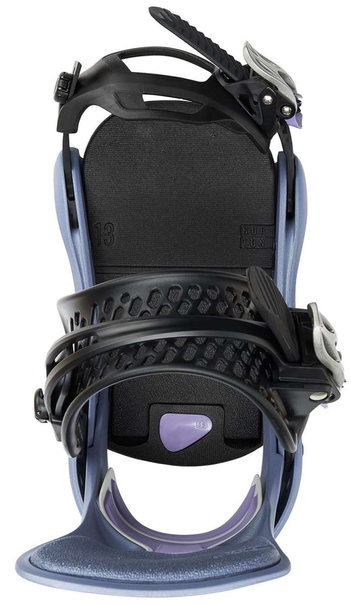 Burton Women's Lexa X Snowboard Bindings 2022 - Black bindings with purple accents and a textured strap on the right boot.
