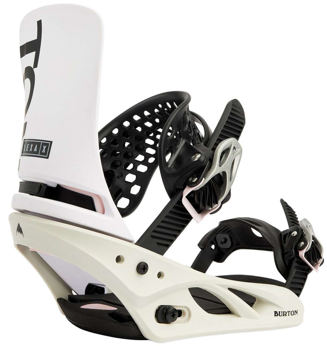 Burton Women's Lexa X Snowboard Bindings 2022 - A pair of black bindings with silver buckles and straps on a white background.