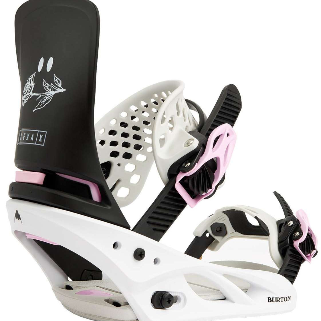 Burton Women's Lexa X Snowboard Bindings 2022 - A black and white snowboard binding with a pink accent on the strap.