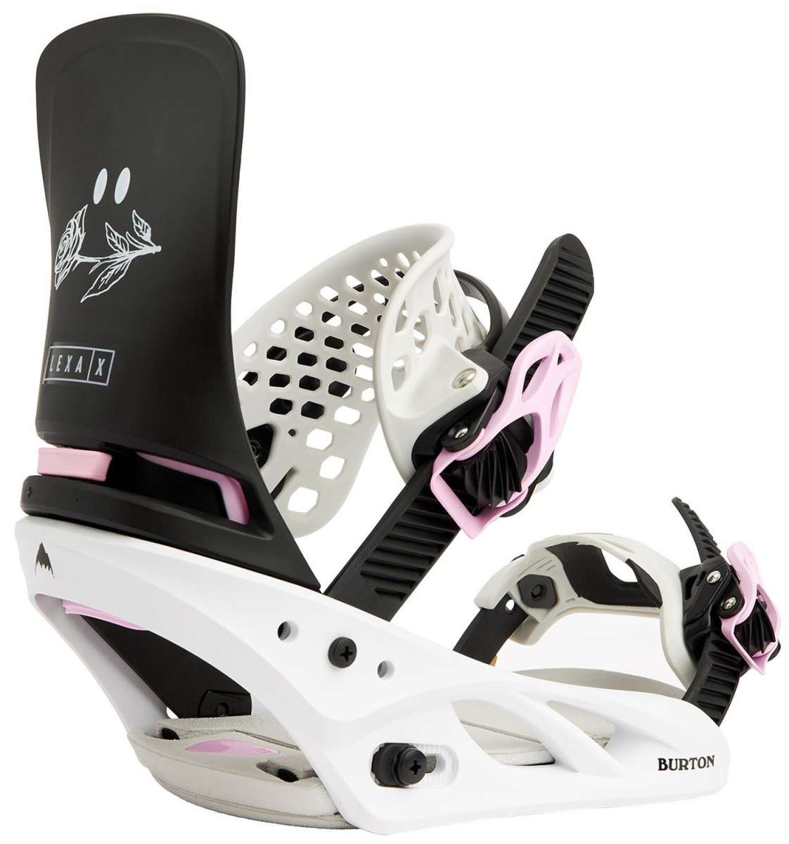 Burton Women's Lexa X Snowboard Bindings 2022 - A black and white snowboard binding with a pink accent on the strap.