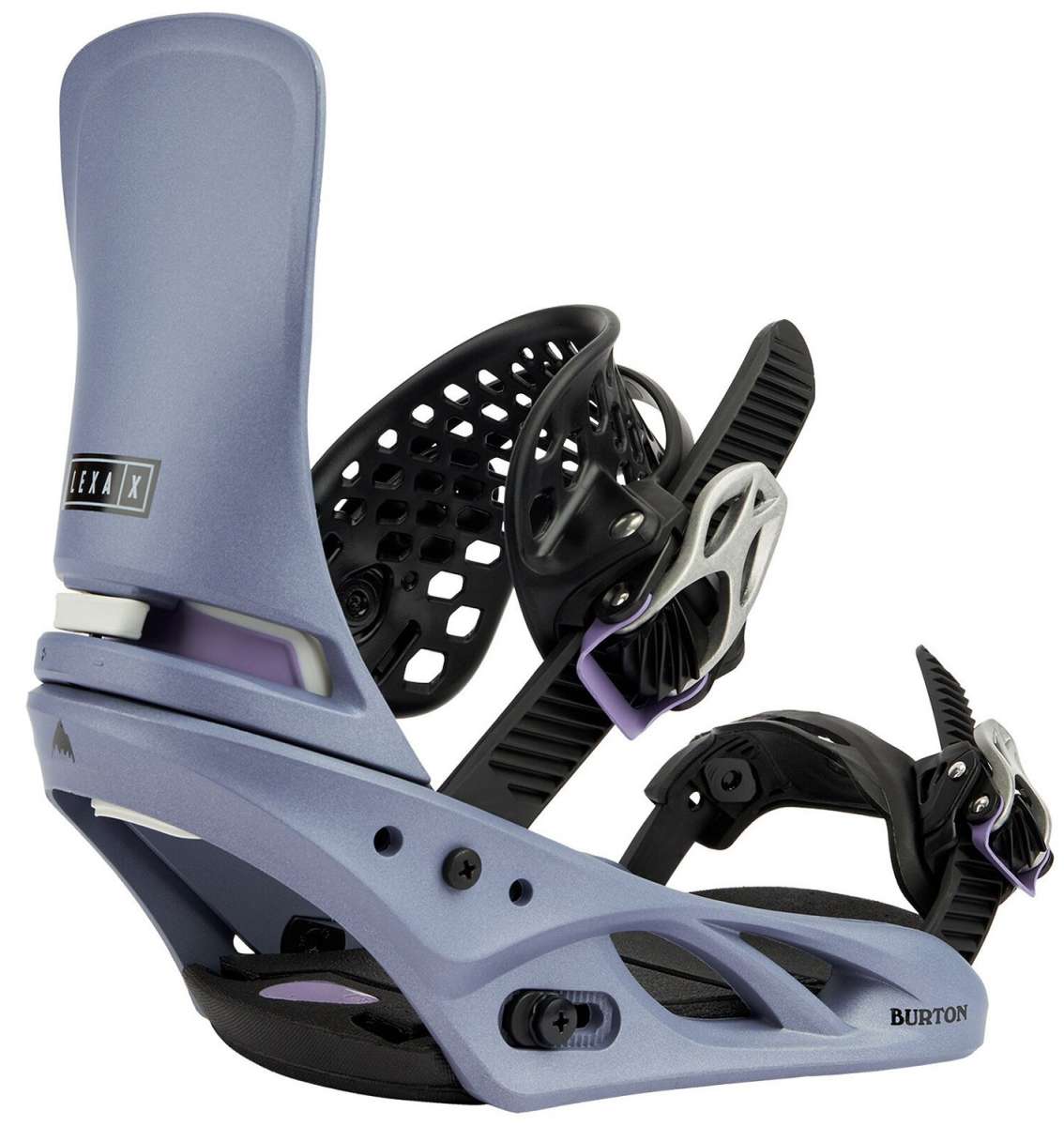 Burton Women's Lexa X Snowboard Bindings 2022 - A pair of black bindings with purple accents and a distinctive silver buckle on the right binding.