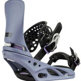 Burton Women's Lexa X Snowboard Bindings 2022 - A pair of black bindings with purple accents and a distinctive silver buckle on the right binding.