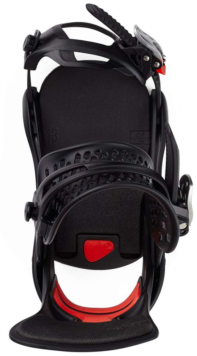 Burton Women's Lexa X Snowboard Bindings 2022 - Black bindings with red accents and a black strap on top.