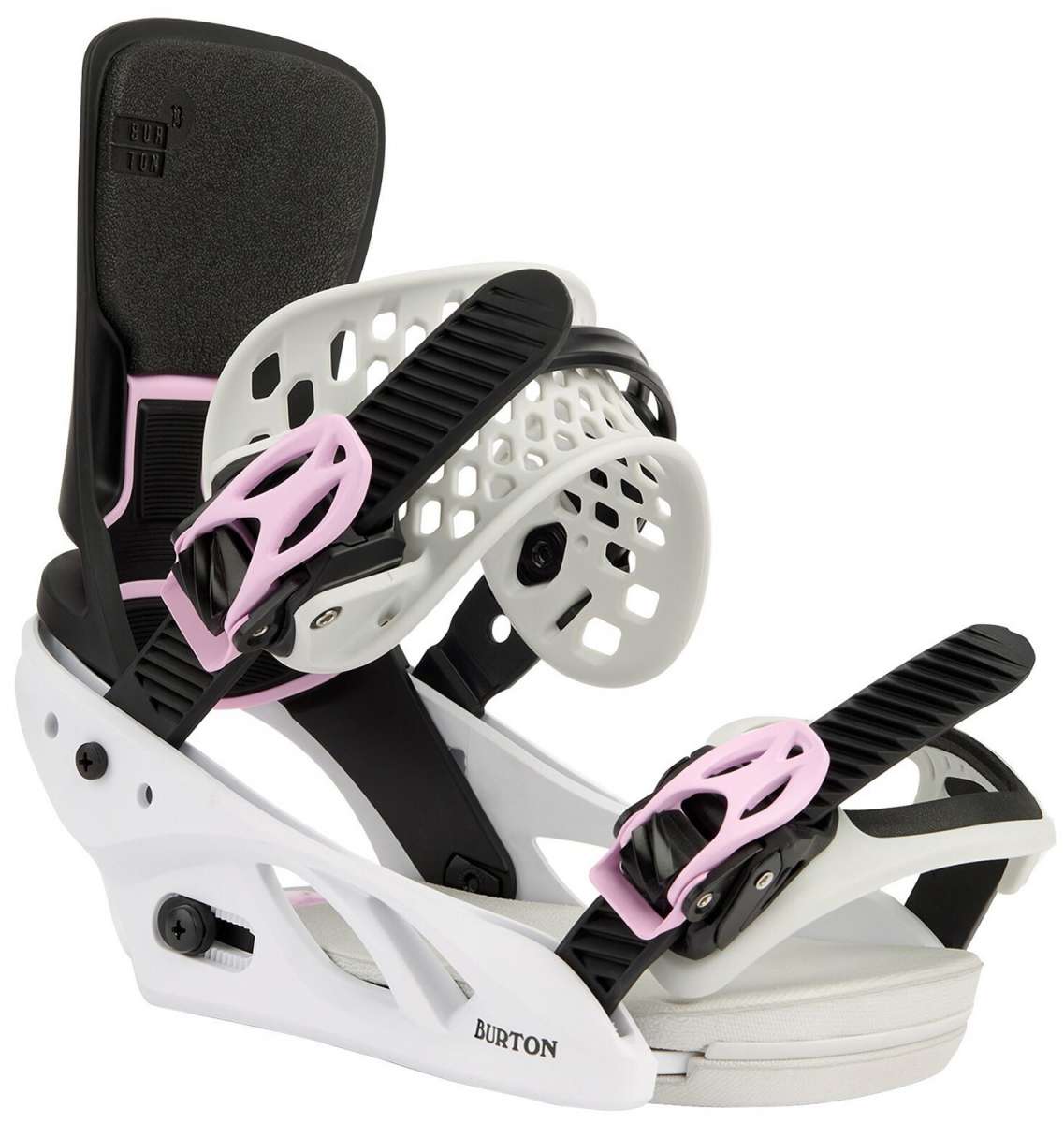 Burton Women's Lexa X Snowboard Bindings 2022 - A pair of white snowboard bindings with pink accents and black straps.