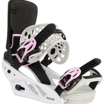 Burton Women's Lexa X Snowboard Bindings 2022 - A pair of white snowboard bindings with pink accents and black straps.