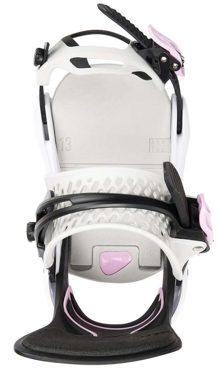 Burton Women's Lexa X Snowboard Bindings 2022 - A pair of white snowboard bindings with pink accents and a textured strap.