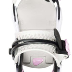 Burton Women's Lexa X Snowboard Bindings 2022 - A pair of white snowboard bindings with pink accents and a textured strap.