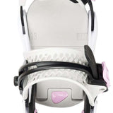 Burton Women's Lexa X Snowboard Bindings 2022 - A pair of white snowboard bindings with pink accents and a textured strap.