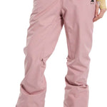 Burton Women's Marcy High Rise Stretch Pants 2024 - A pair of high-rise, pink snow pants with a black logo on the upper right thigh and a small zipper pocket above it.
