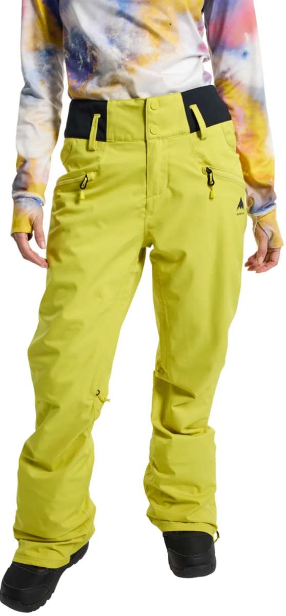 Burton Women's Marcy High Rise Stretch Pants 2024 - A pair of high-rise snow pants in a light green color with black accents and zippers on the side pockets.