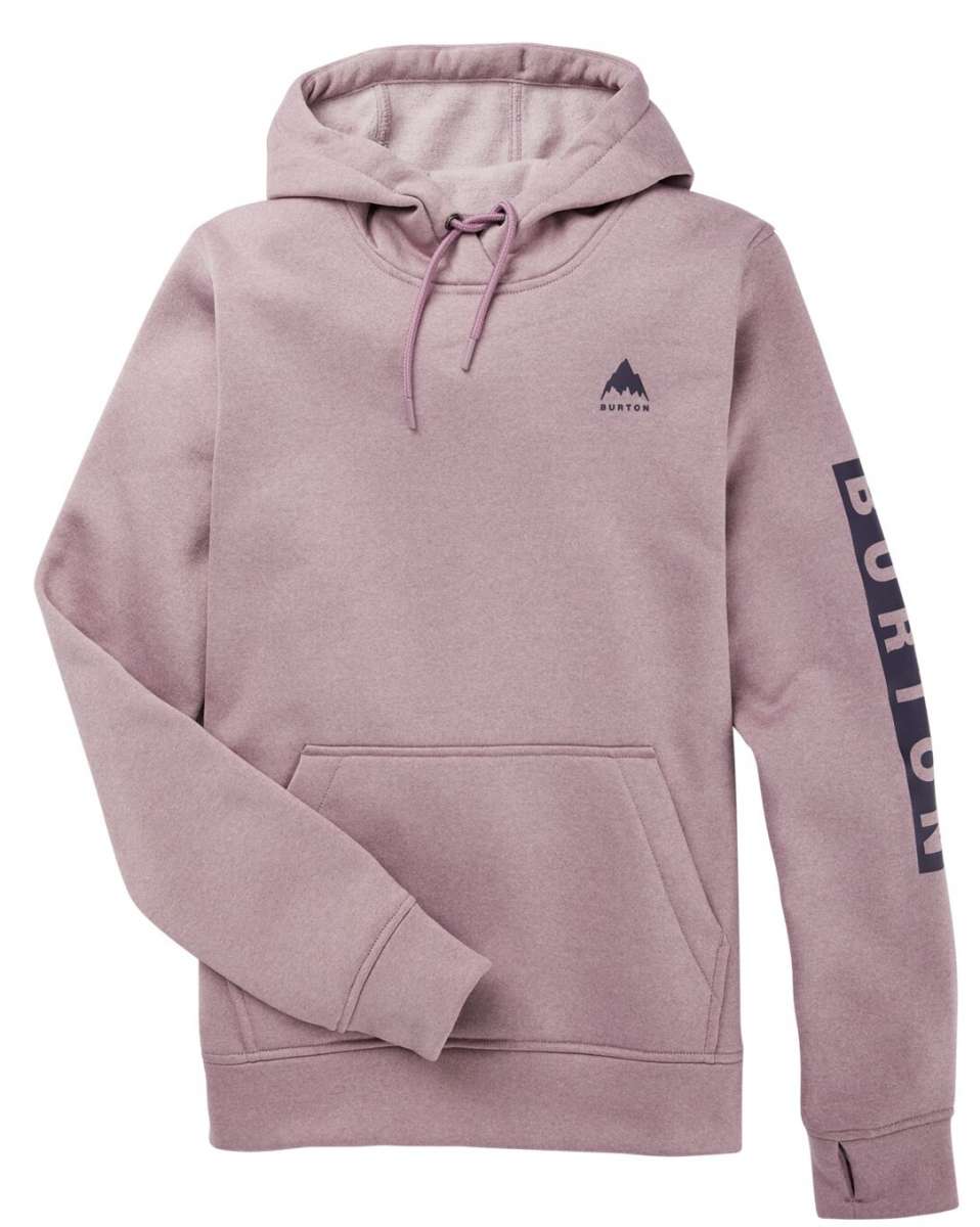 Burton Women's Oak Pullover Hoodie 2023 - A dusty rose-colored hoodie with a small black logo featuring a mountain peak and the word "BURTON" in lowercase letters above it.