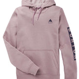 Burton Women's Oak Pullover Hoodie 2023 - A dusty rose-colored hoodie with a small black logo featuring a mountain peak and the word "BURTON" in lowercase letters above it.