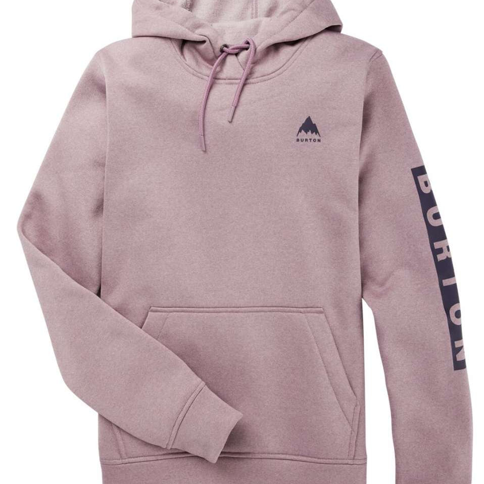 Burton Women's Oak Pullover Hoodie 2023 - A dusty rose-colored hoodie with a small black logo featuring a mountain peak and the word "BURTON" in lowercase letters above it.