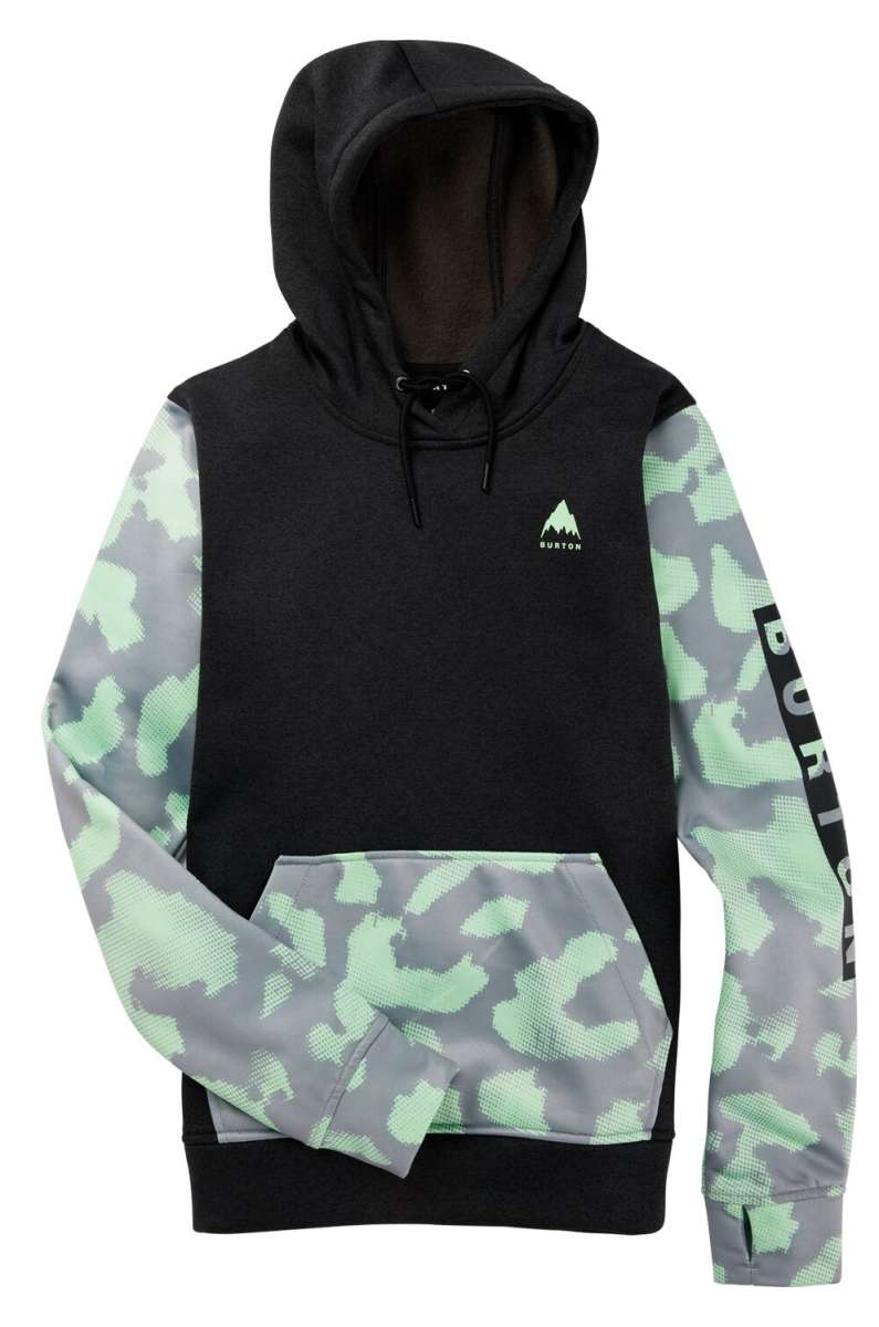 Burton Women's Oak Pullover Hoodie 2023 - A black hoodie with a small white logo featuring three mountain peaks and the word "BURTON" in white below it.