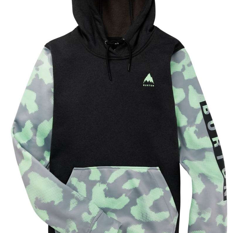 Burton Women's Oak Pullover Hoodie 2023 - A black hoodie with a small white logo featuring three mountain peaks and the word "BURTON" in white below it.