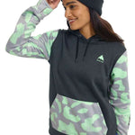 Burton Women's Oak Pullover Hoodie - A dark gray hoodie with a light green and white abstract pattern on the sleeves.