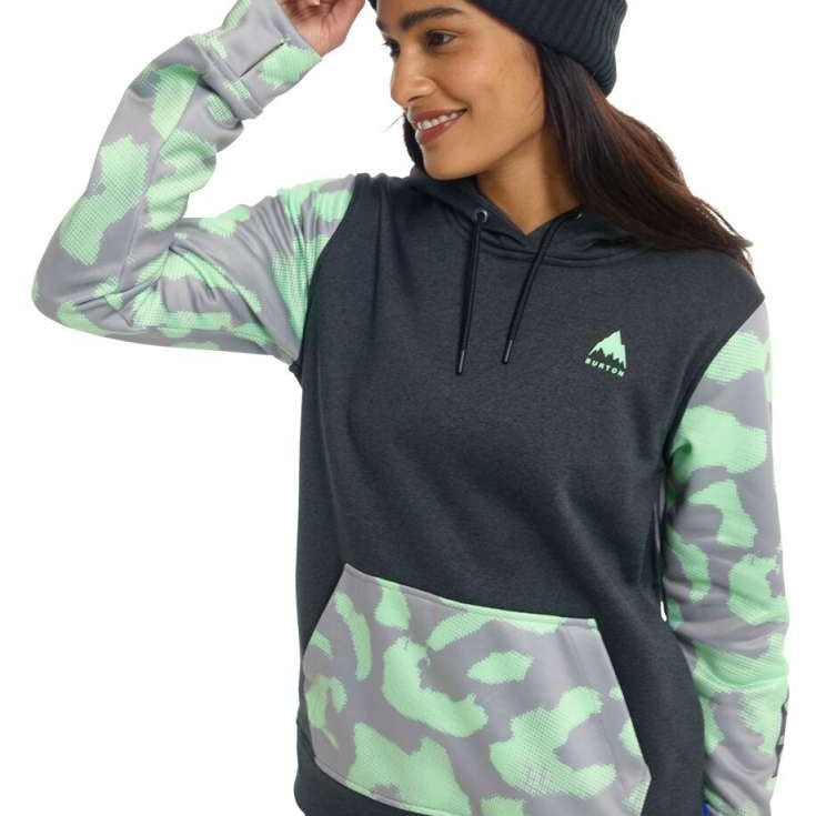 Burton Women's Oak Pullover Hoodie - A dark gray hoodie with a light green and white abstract pattern on the sleeves.