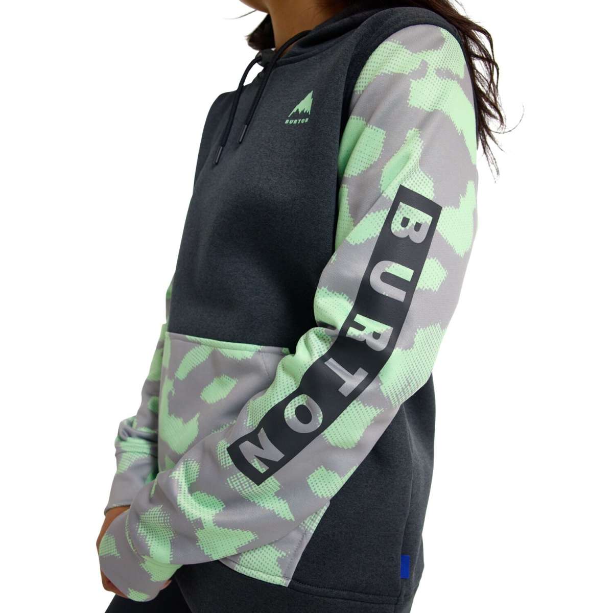 Burton Women's Oak Pullover Hoodie 2023 - A dark gray hoodie with a small green logo on the chest and a matching drawstring.