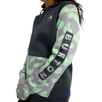 Burton Women's Oak Pullover Hoodie 2023 - A dark gray hoodie with a small green logo on the chest and a matching drawstring.
