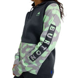 Burton Women's Oak Pullover Hoodie 2023 - A dark gray hoodie with a small green logo on the chest and a matching drawstring.