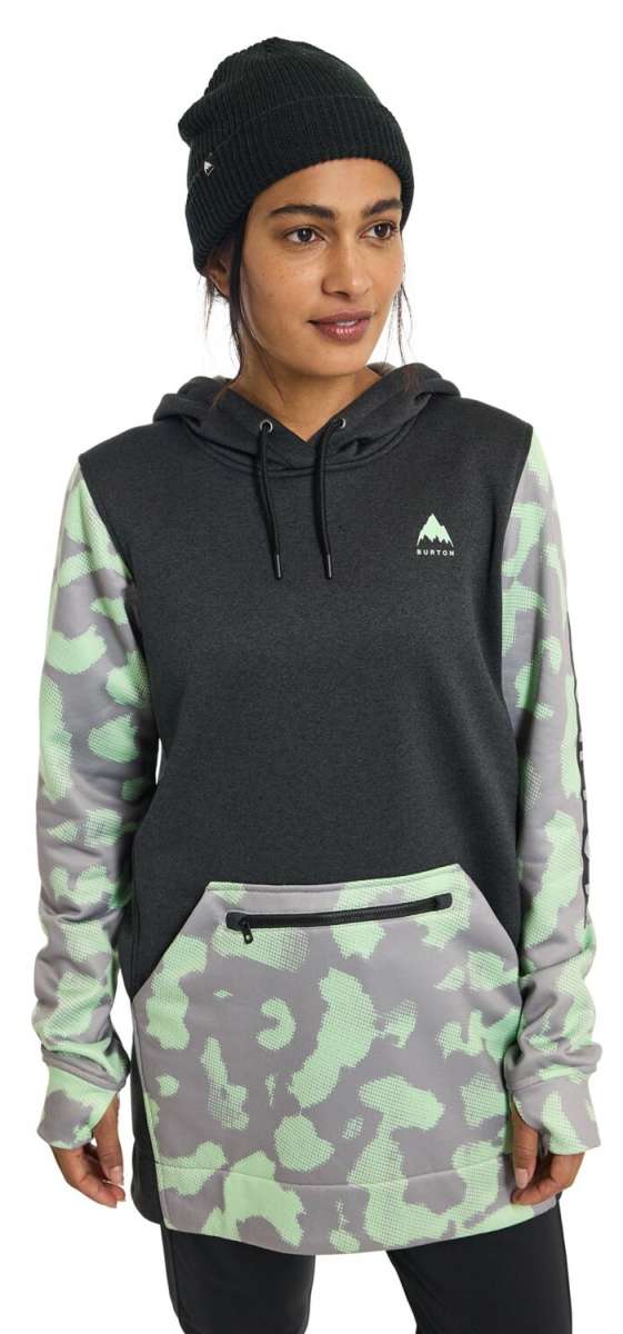 Burton Women's Oak Pullover Hoodie - A black hoodie with a white logo on the chest and a drawstring hood.