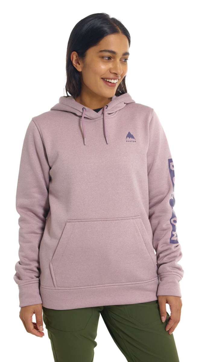 Burton Women's Oak Pullover Hoodie - A dusty rose hoodie with a small, dark-colored logo featuring three mountain peaks above the word "BURTON" on the left chest area.